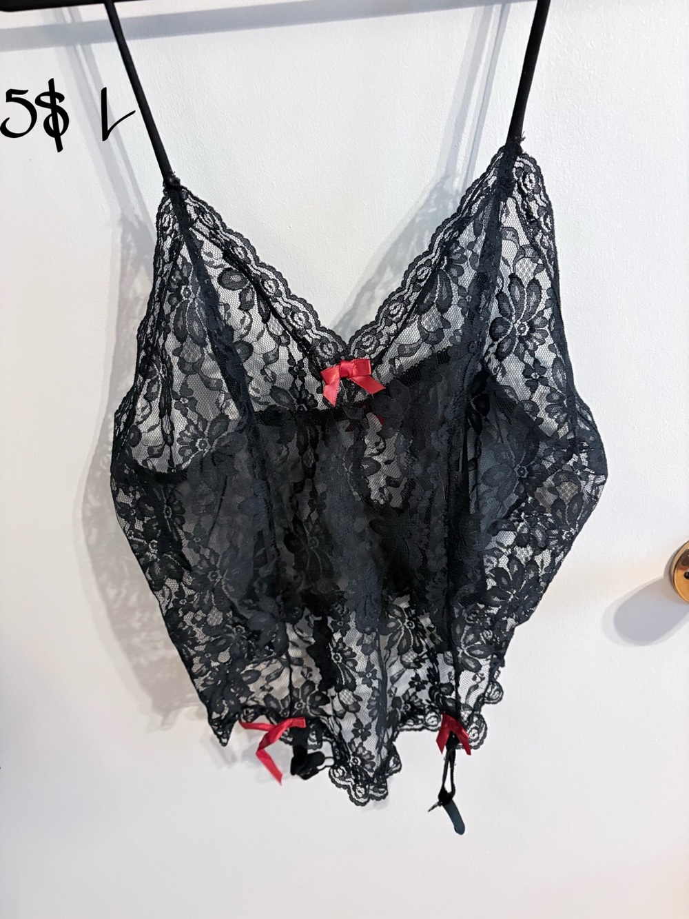 Women’s Black Lace Chemise with Red Bow Accent